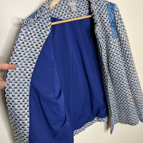 Chico's Woven Paisley Trim Blue Zip Up Blazer 2 (12/14) - Picture 5 of 11